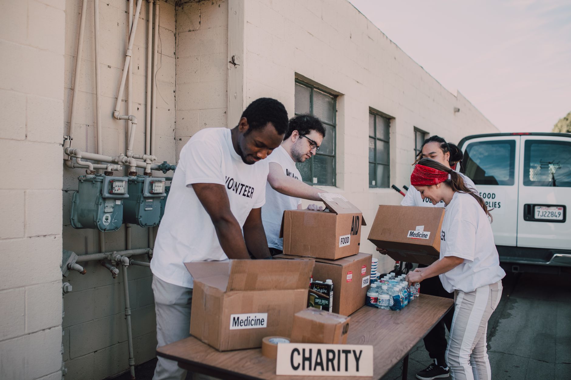 volunteers preparing donations